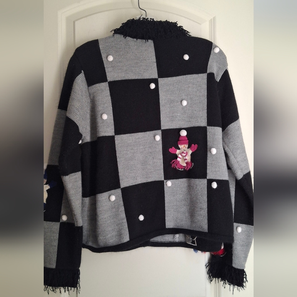 Karen Scott Women Patchwork Winter Snowman Fringe Wacky Cardigan Sweater PL - Picture 2 of 10